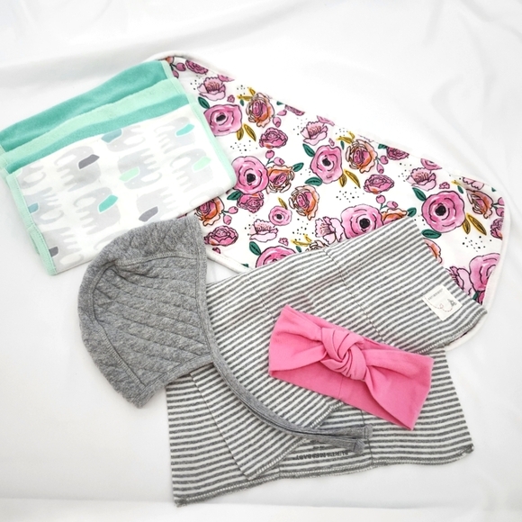 Baby Girl Accessories Bundle Lot of 8 Pink Green Burp Cloths Bonnet Wash Cloths - Picture 1 of 6
